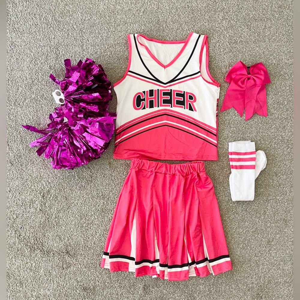 Unbranded Pink Cheer Costume with Pom Poms and Hair Bow Girls Size 9-10Y.